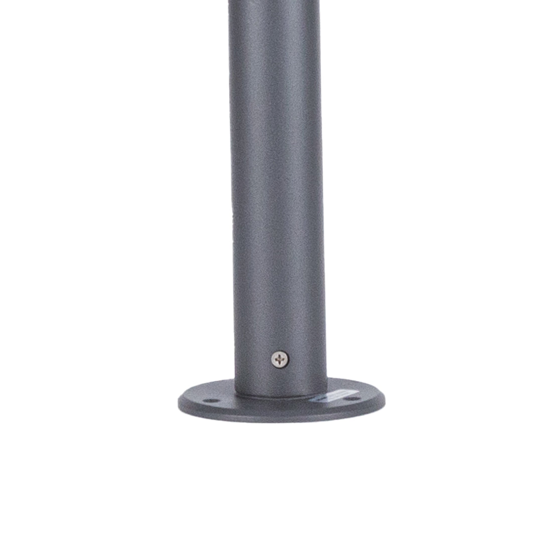 Modern gray curved pathway light with cylindrical base and distinctive arched top design