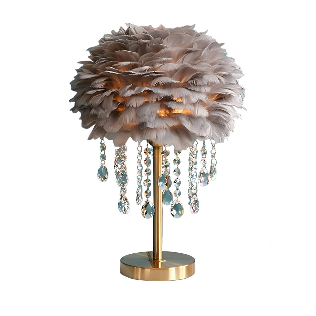 Gray feather table lamp with crystal accents displayed on white background.