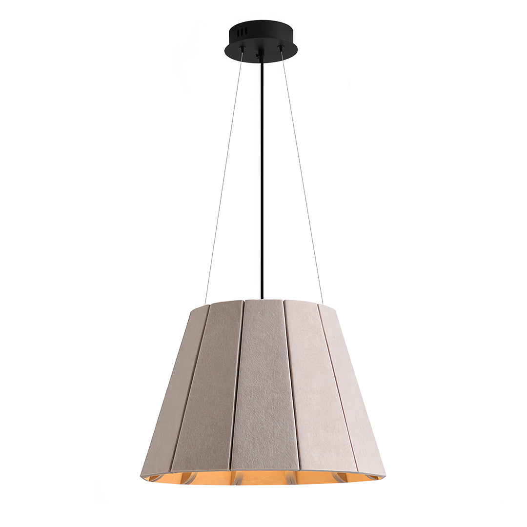 Contemporary gray felt industrial pendant light fixture with a warm internal glow, emphasizing the textured textile shade. 