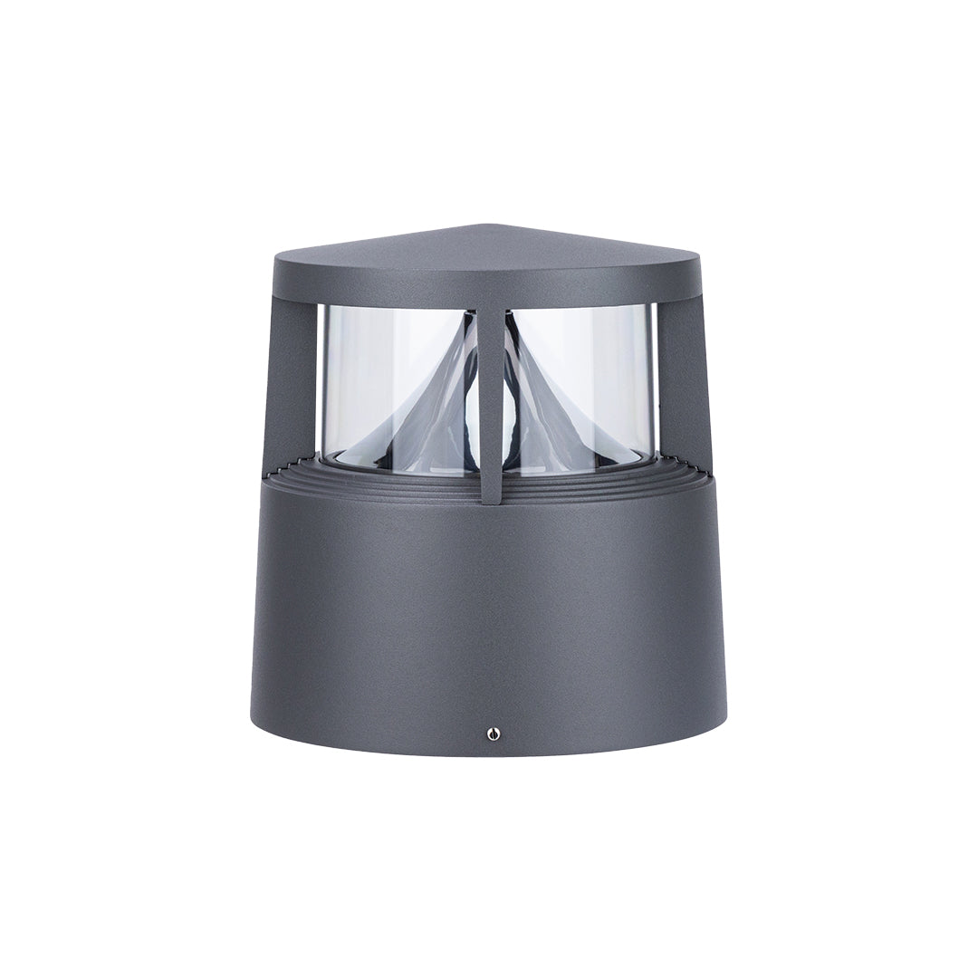 Modern gray bollard light with geometric top design and cylindrical base for landscape lighting