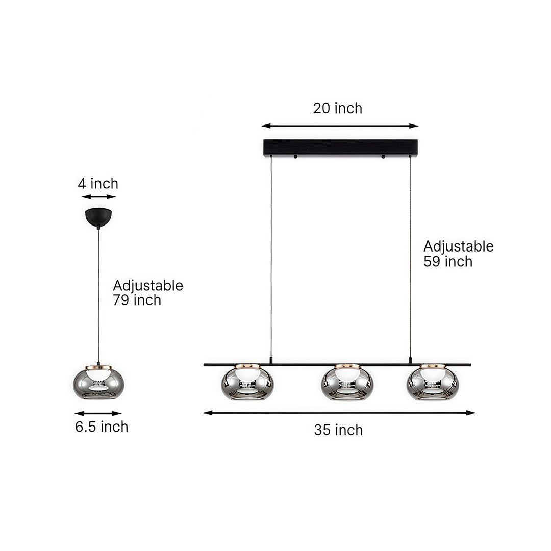 Gray glass pendant light technical drawing showing dimensions and multiple fixture configurations on white background.