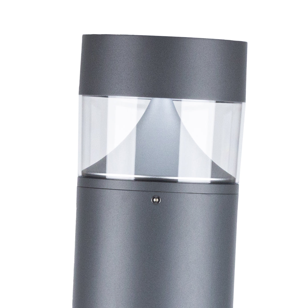 Gray cylindrical bollard light with horizontal illuminated stripe and minimalist design
