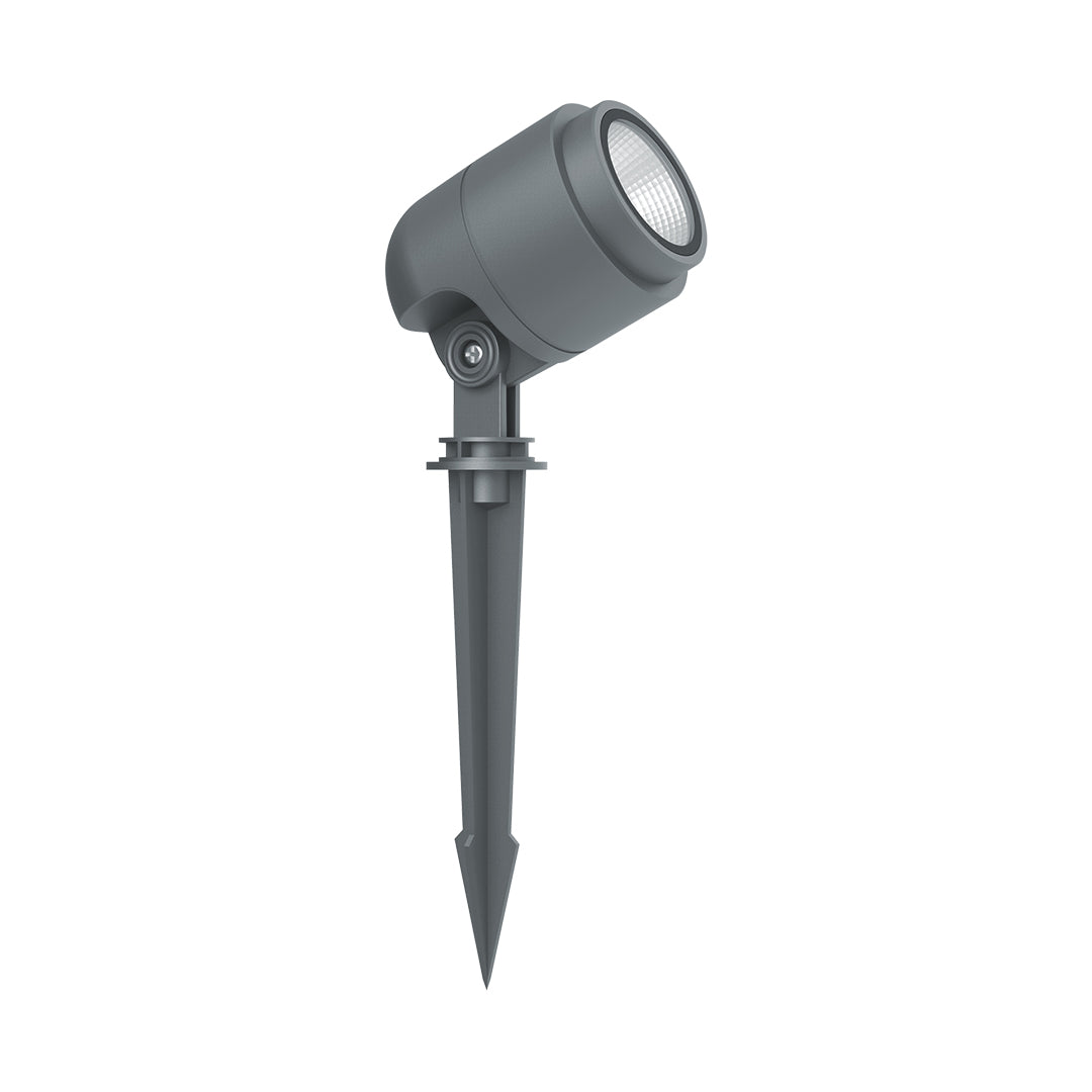 Gray LED spotlight with directional head and ground stake for outdoor accent and landscape lighting