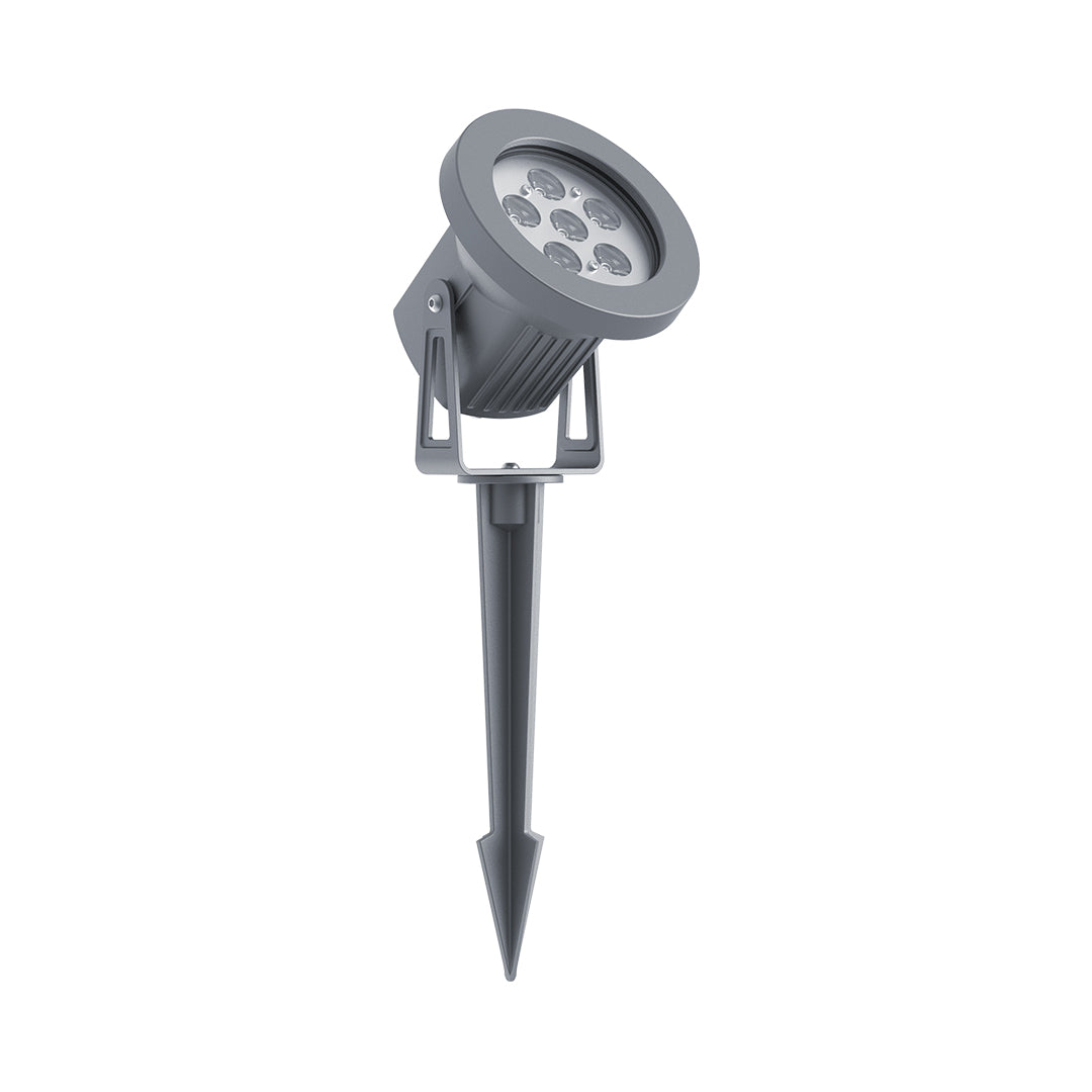 Gray LED spotlight fixture with multiple diodes and adjustable head for professional landscape lighting