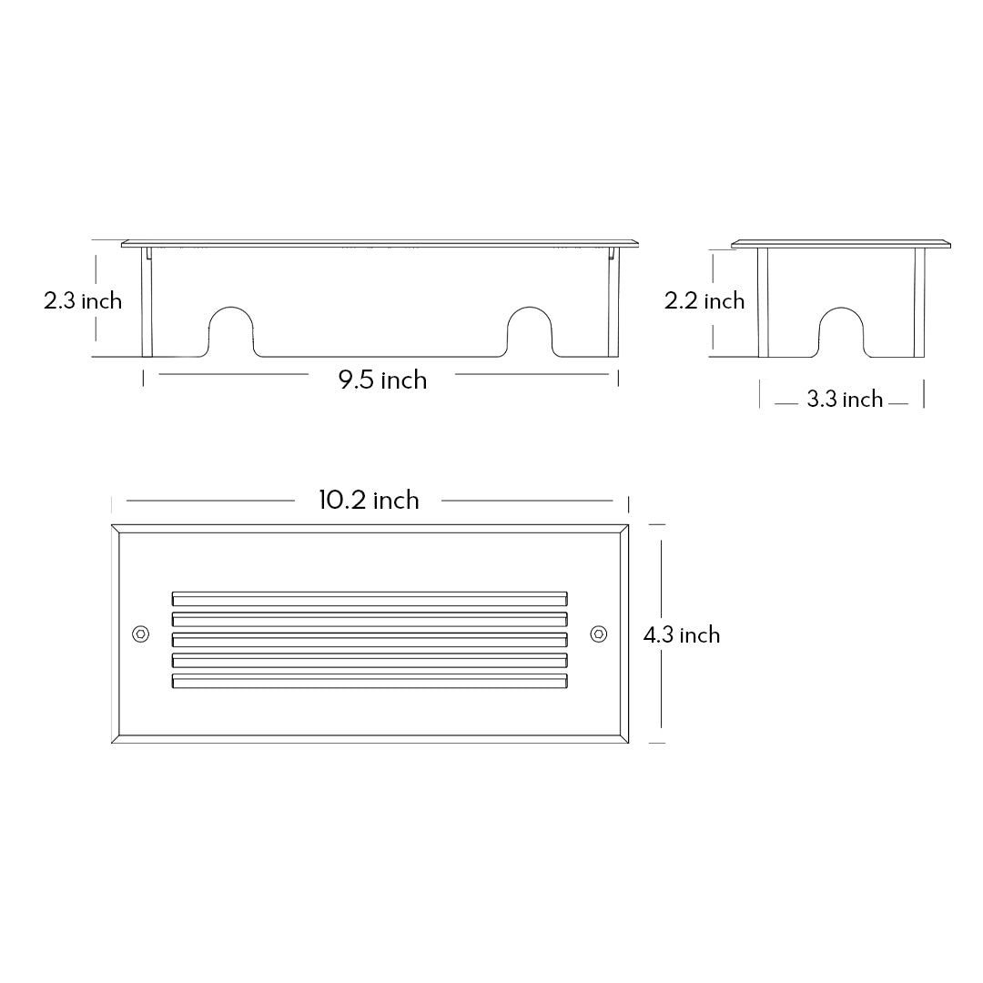 Gray recessed wall light fixture with horizontal louver design for architectural step lighting applications