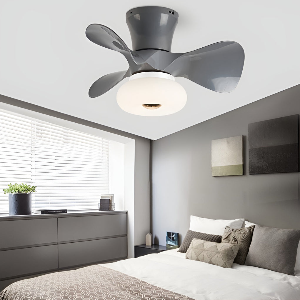 Gray macaron ceiling fan with light mounted in modern bedroom.