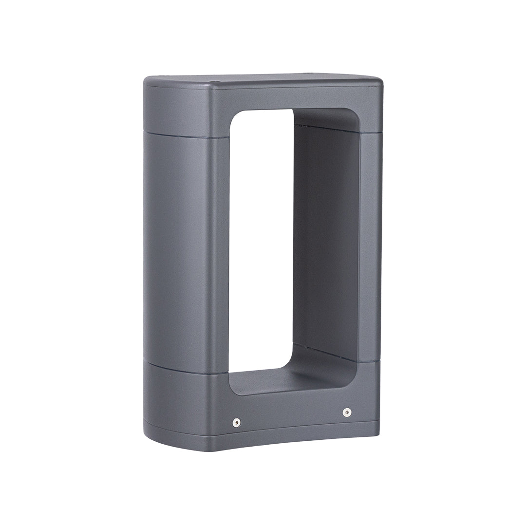 Gray rectangular bollard light with open frame design and central illuminated panel