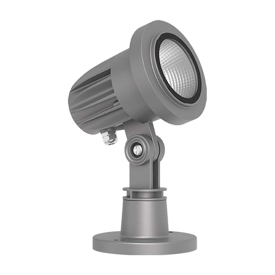 Contemporary gray outdoor spotlight fixture with cylindrical design and pedestal mount