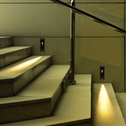 Gray rectangular recessed fixture with black interior and vertical LED strip for directional lighting