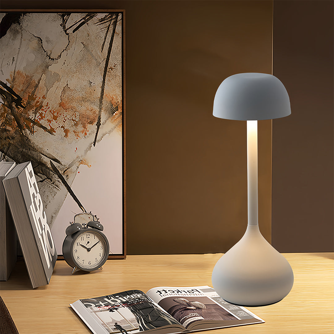 Gray rustic metal table lamps positioned on wooden surface in contemporary interior