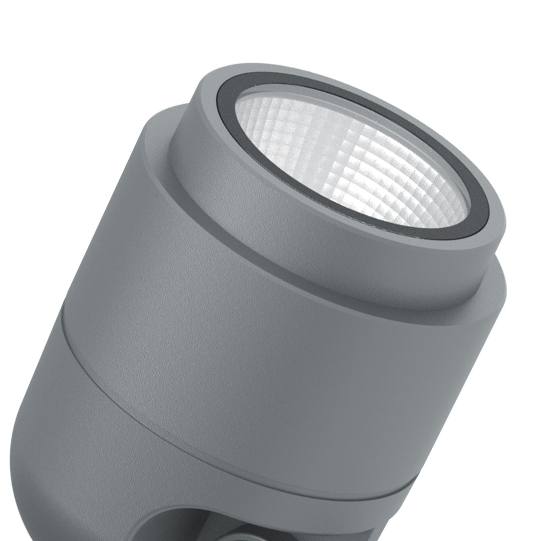 Close-up view of gray spotlight fixture showing adjustable mounting and directional capabilities