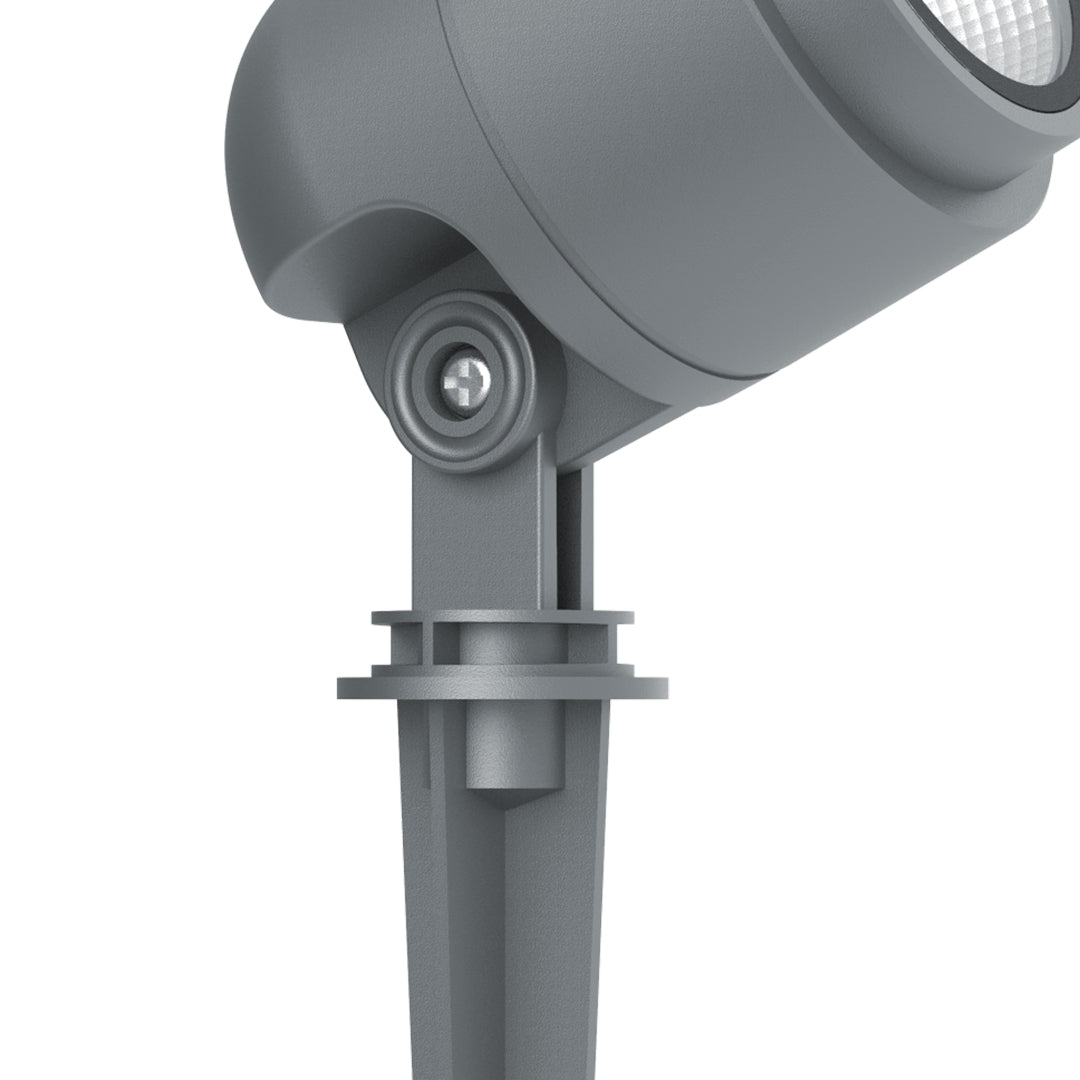 Close-up view of gray spotlight fixture showing adjustable mounting and directional capabilities