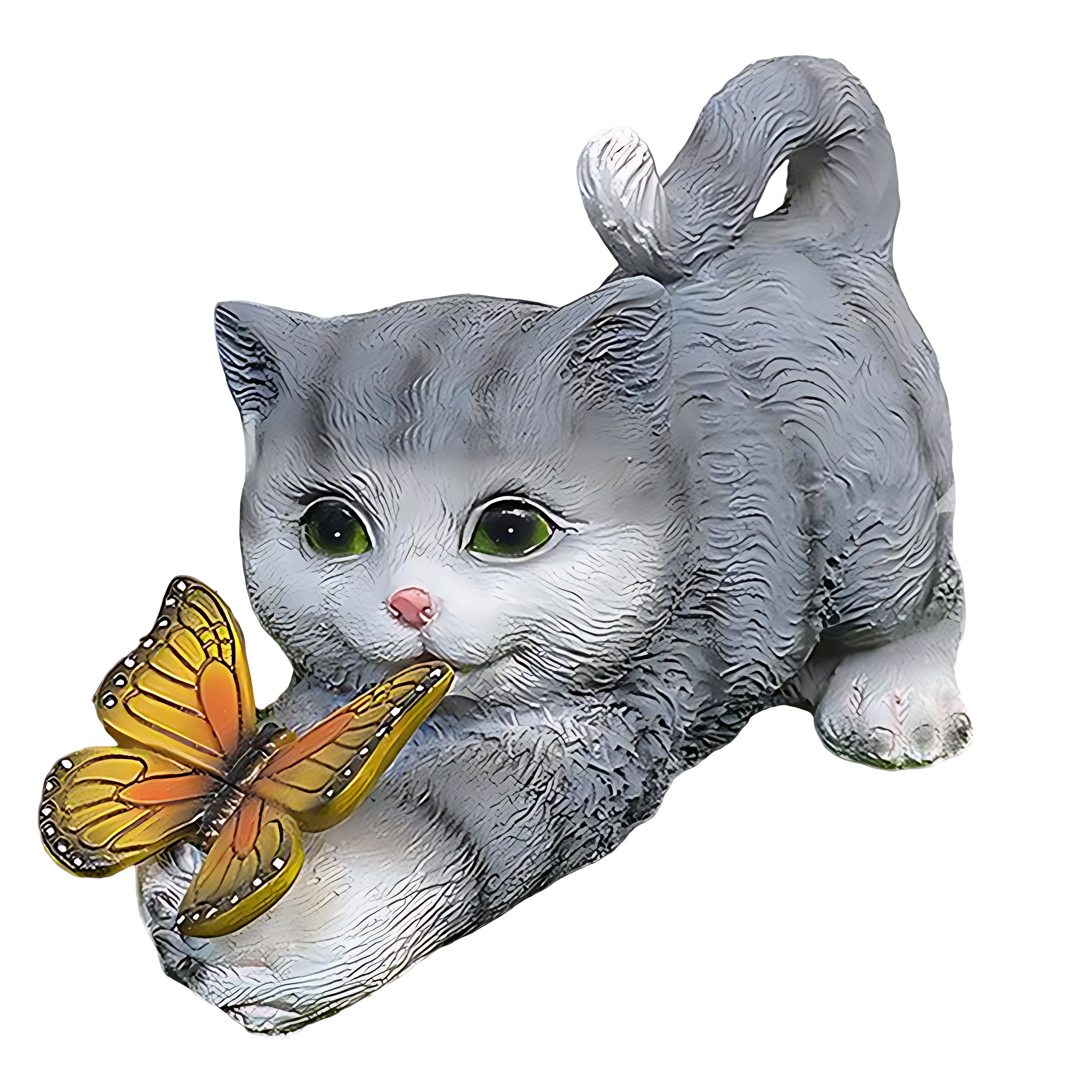 Gray tabby kitten figurine with illuminated butterfly decoration for garden lighting display