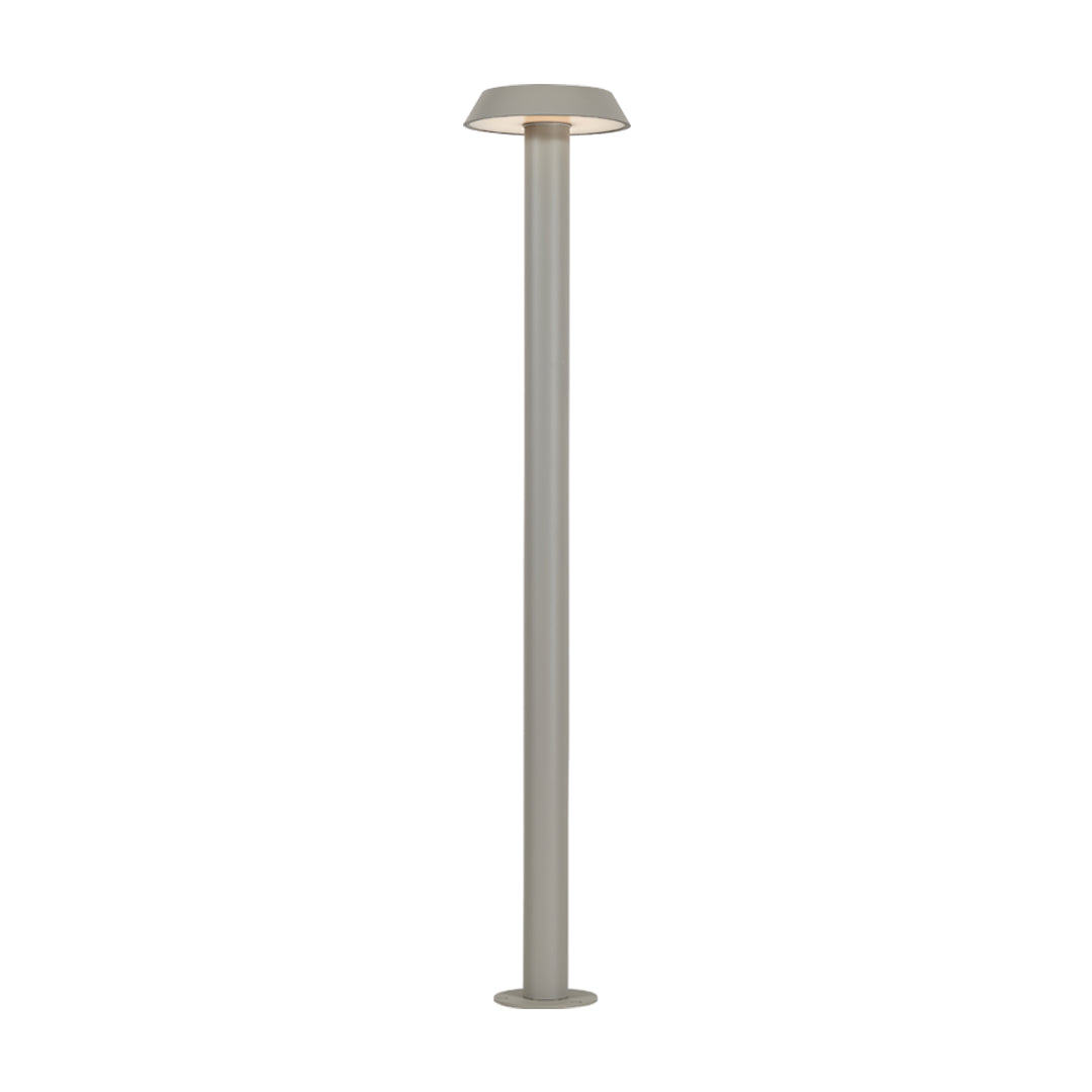 Gray modern path lighting LED fixture featuring a tall cylindrical body and flat top plate.