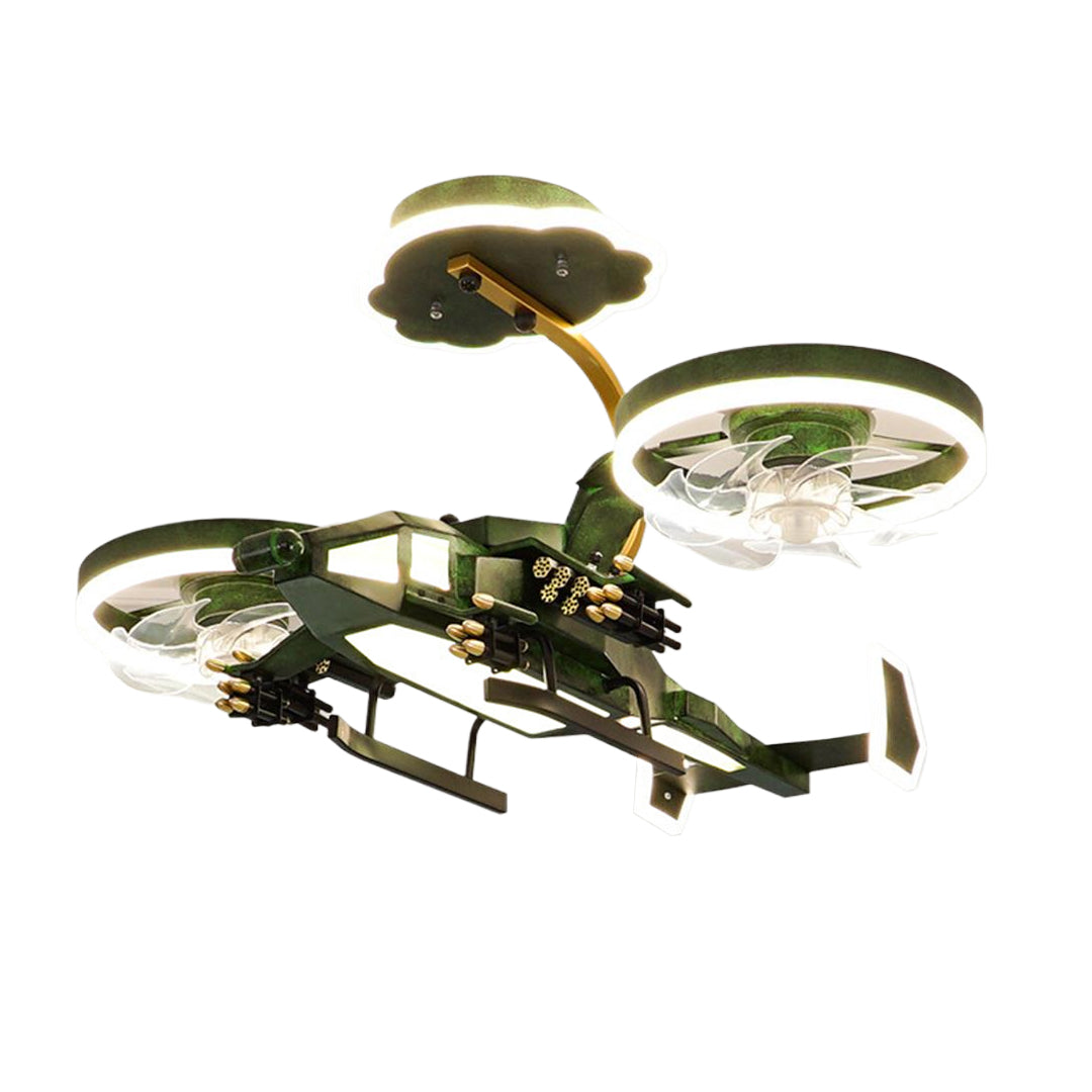 Modern airplane ceiling fan with light in military green finish and dual propeller blades