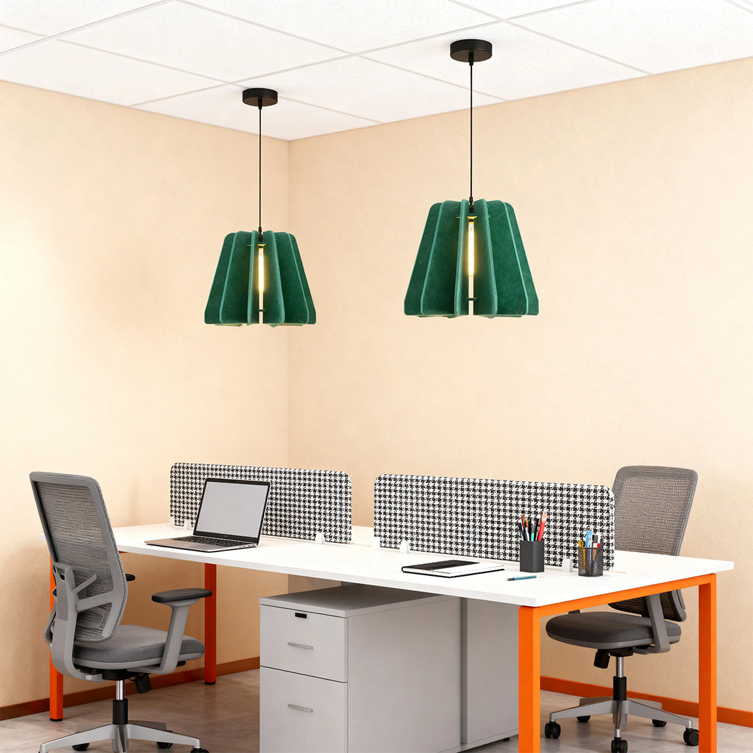 Bright green felt 1 light single pendant lighting used for acoustic and visual appeal in a contemporary open-plan office setting.