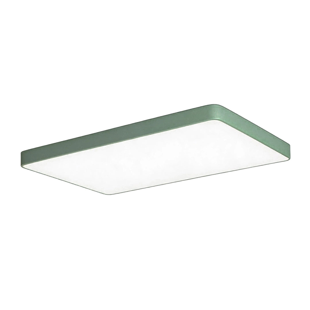 Green square ceiling light shown from an angled product view with a low-profile frame and integrated LED panel.