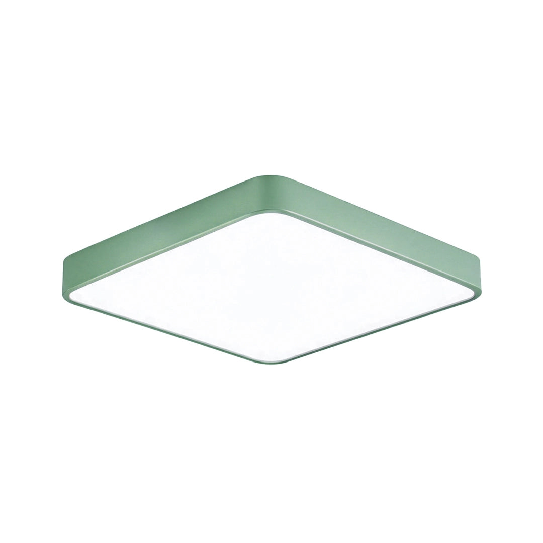 Green square ceiling light isolated on a white background with a minimalist flush mount design.