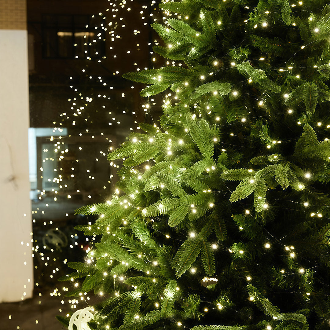 Green string Christmas lights wrapped around an outdoor Christmas tree at night.