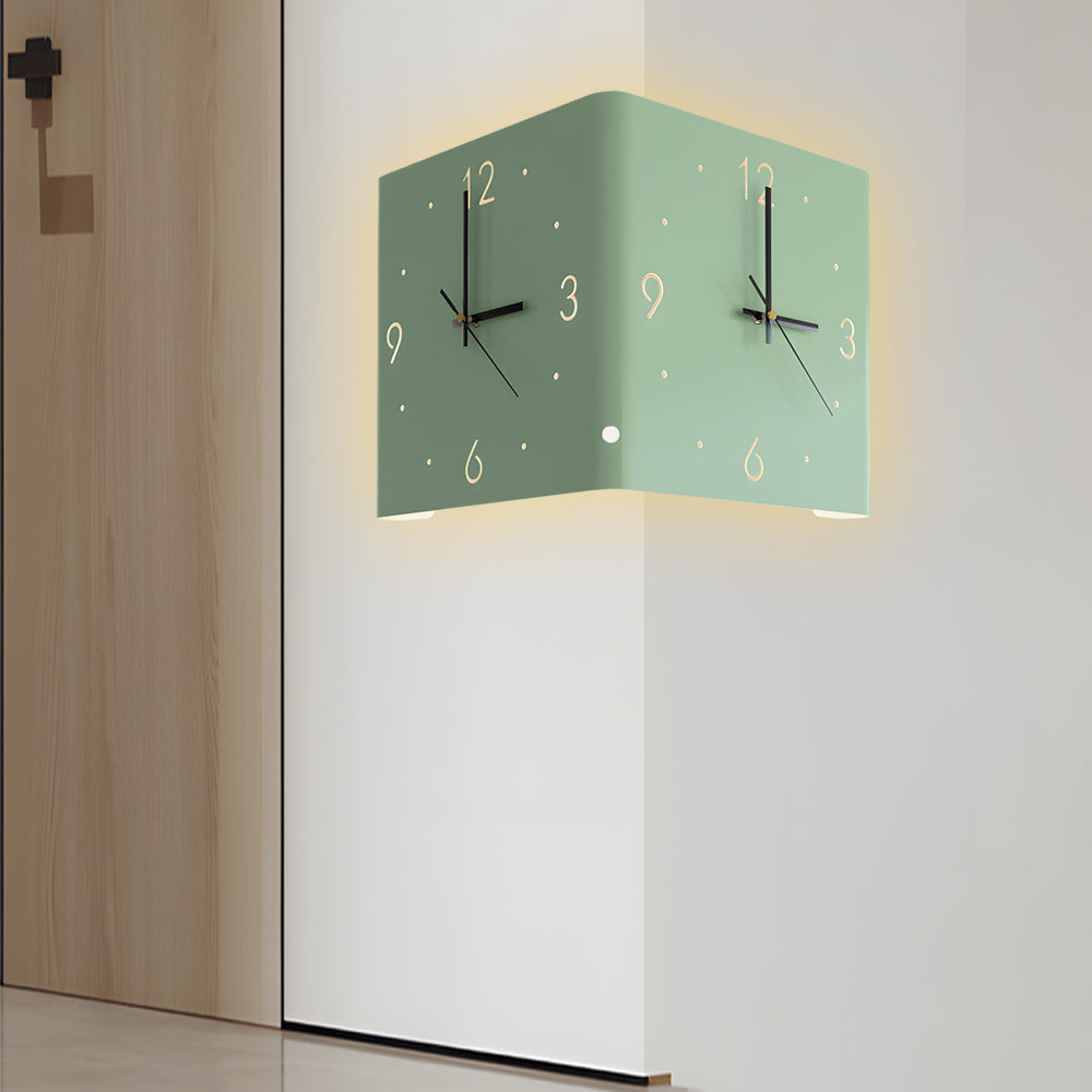 Green wall clock lamp installed at wall corner with soft LED glow