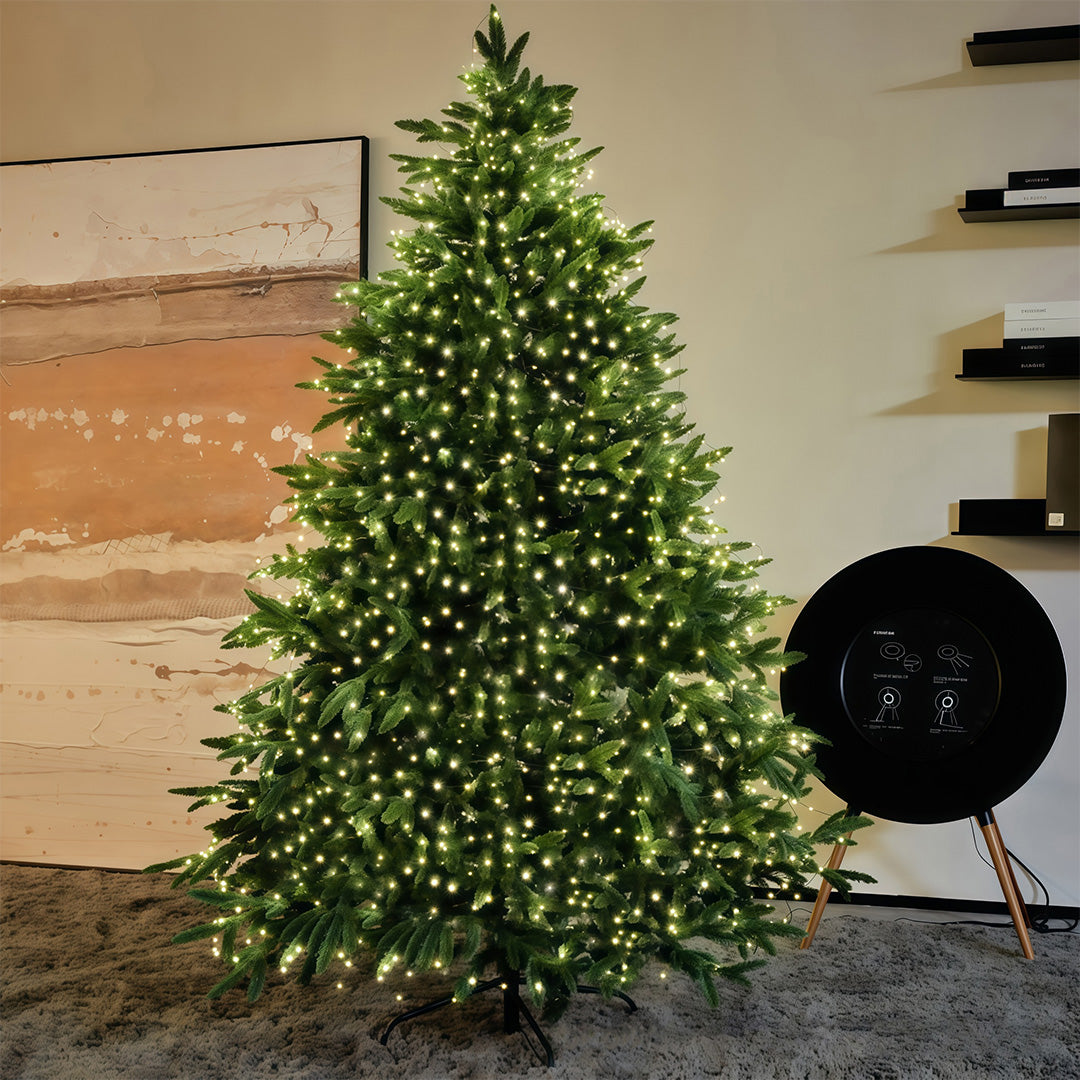 Indoor Christmas tree decorated with multicolor green-wire string lights.