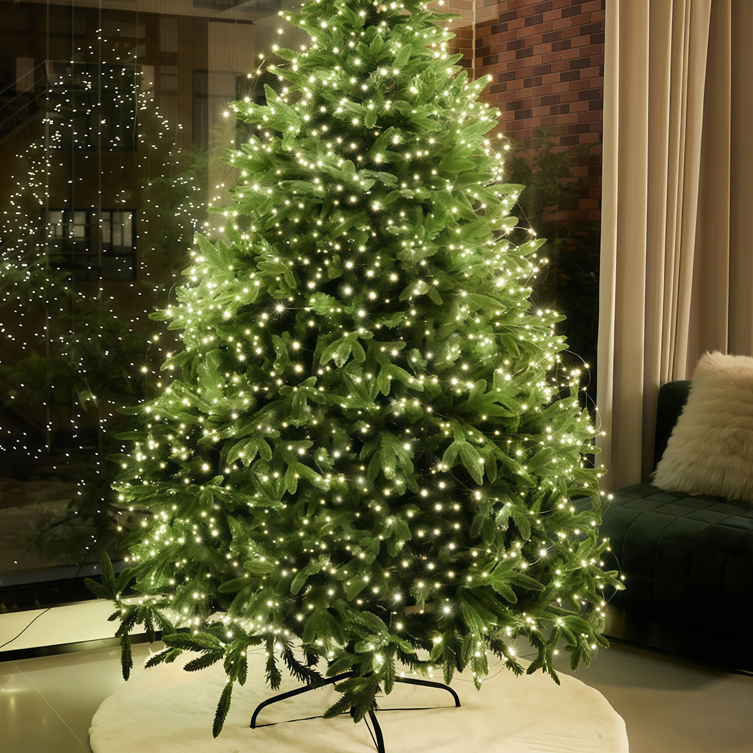 Indoor Christmas tree decorated with multicolor green-wire string lights.