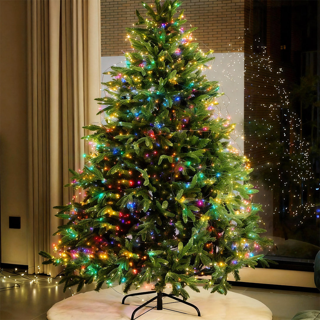 Indoor Christmas tree decorated with multicolor green-wire string lights.