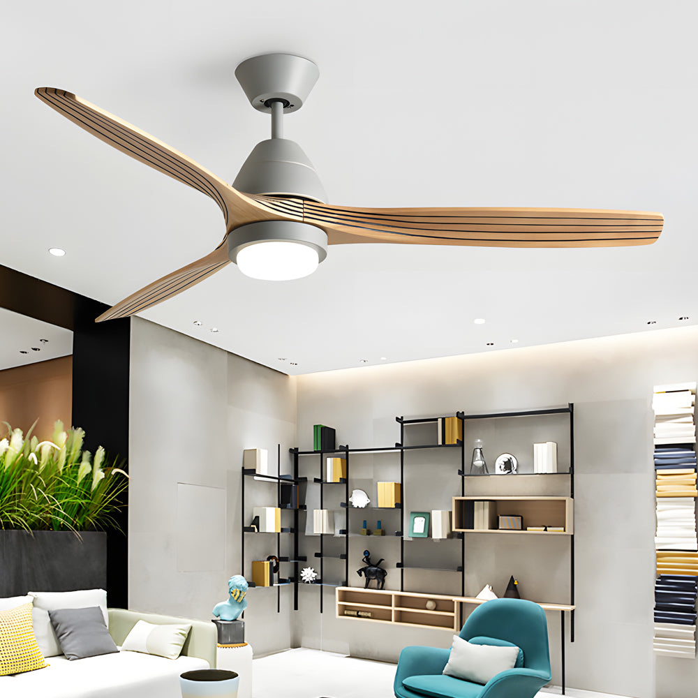 Elegant grey 52 inch ceiling fans with lights with carved wood blades in a home office.