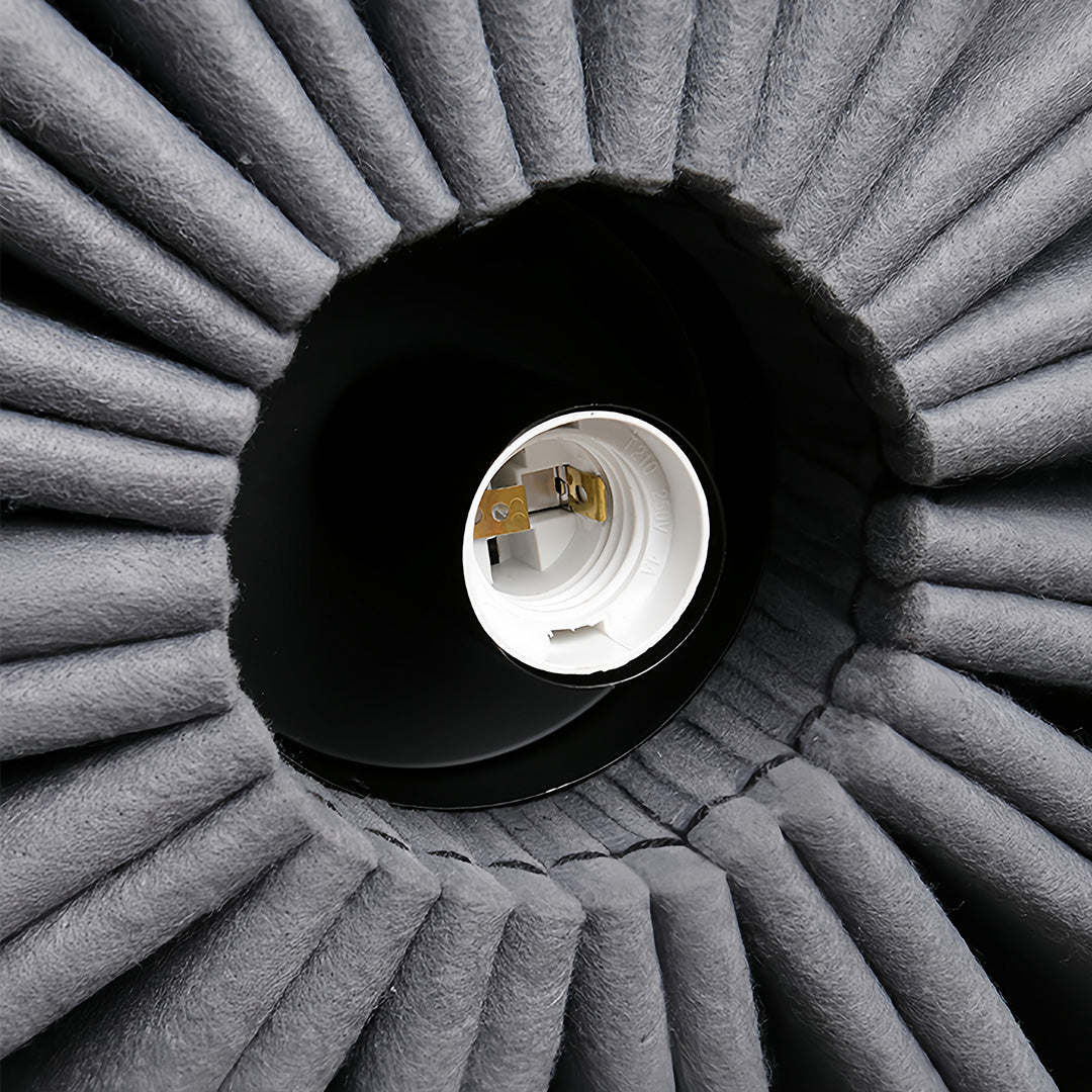 Detailed view of the interior and E27 socket of the grey folded cloth chandelier shade 