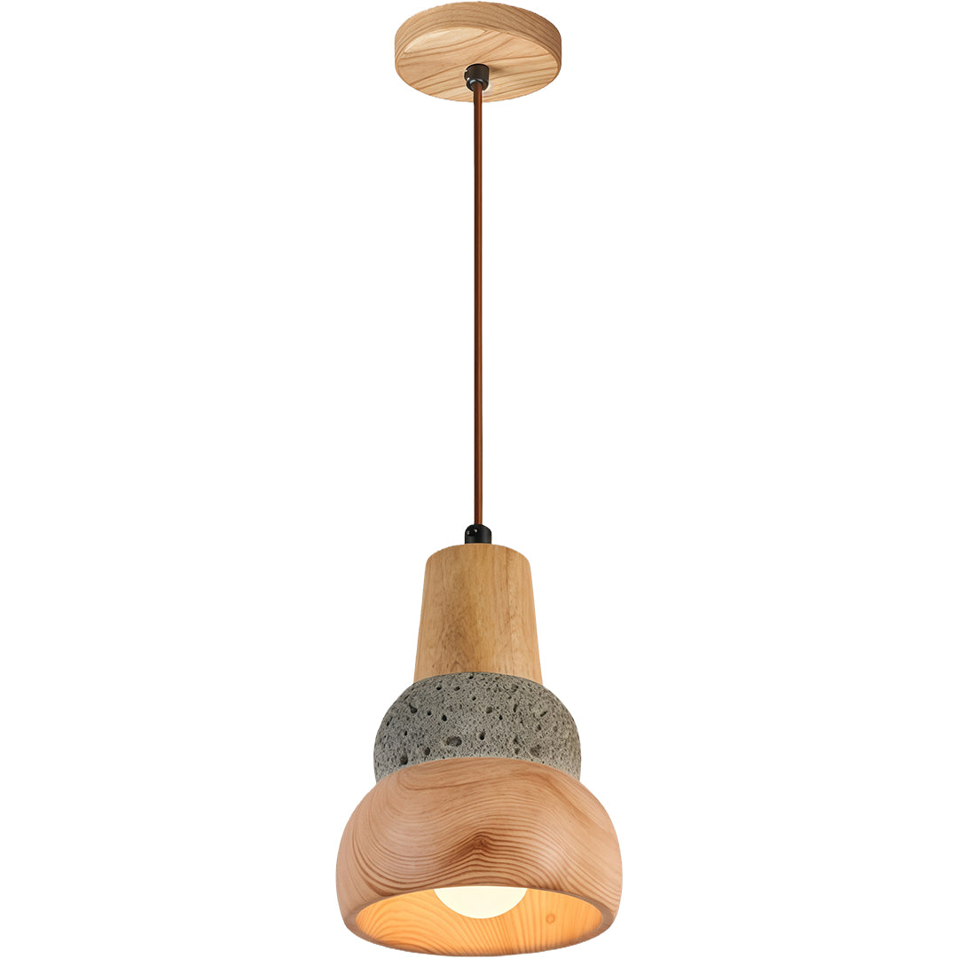 A stylish wood pendant lighting with a grey woven shade, providing soft illumination for a modern home.