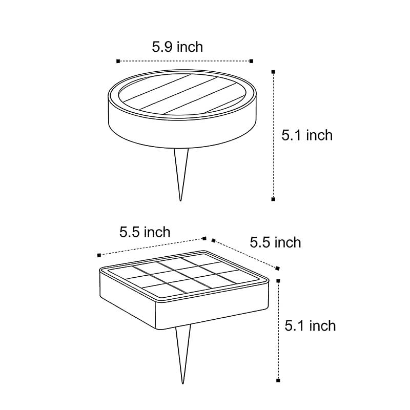 Technical diagram showing dimensions and structure of ground solar lights models.