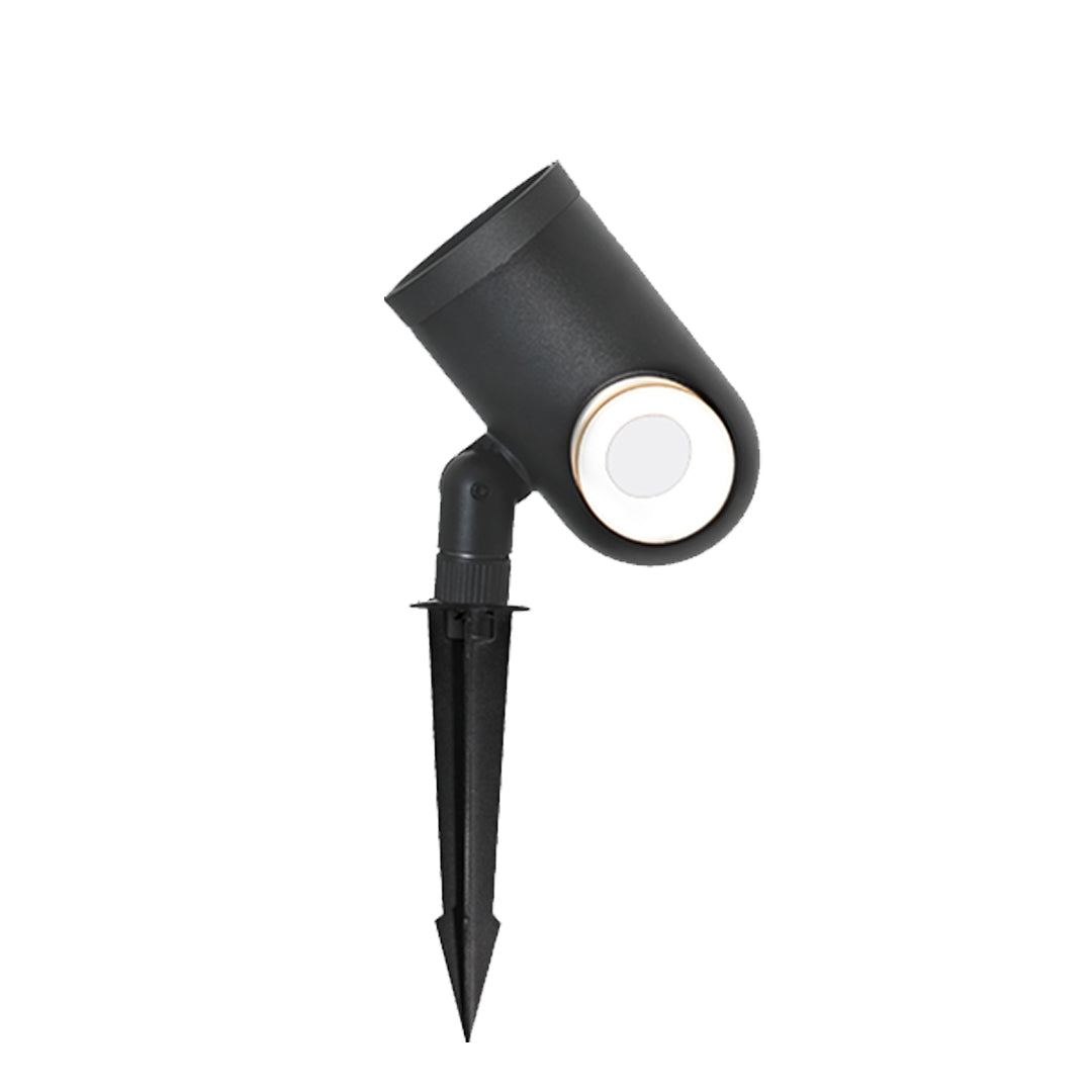 Black waterproof spotlight with ground stake designed for outdoor landscape illumination.