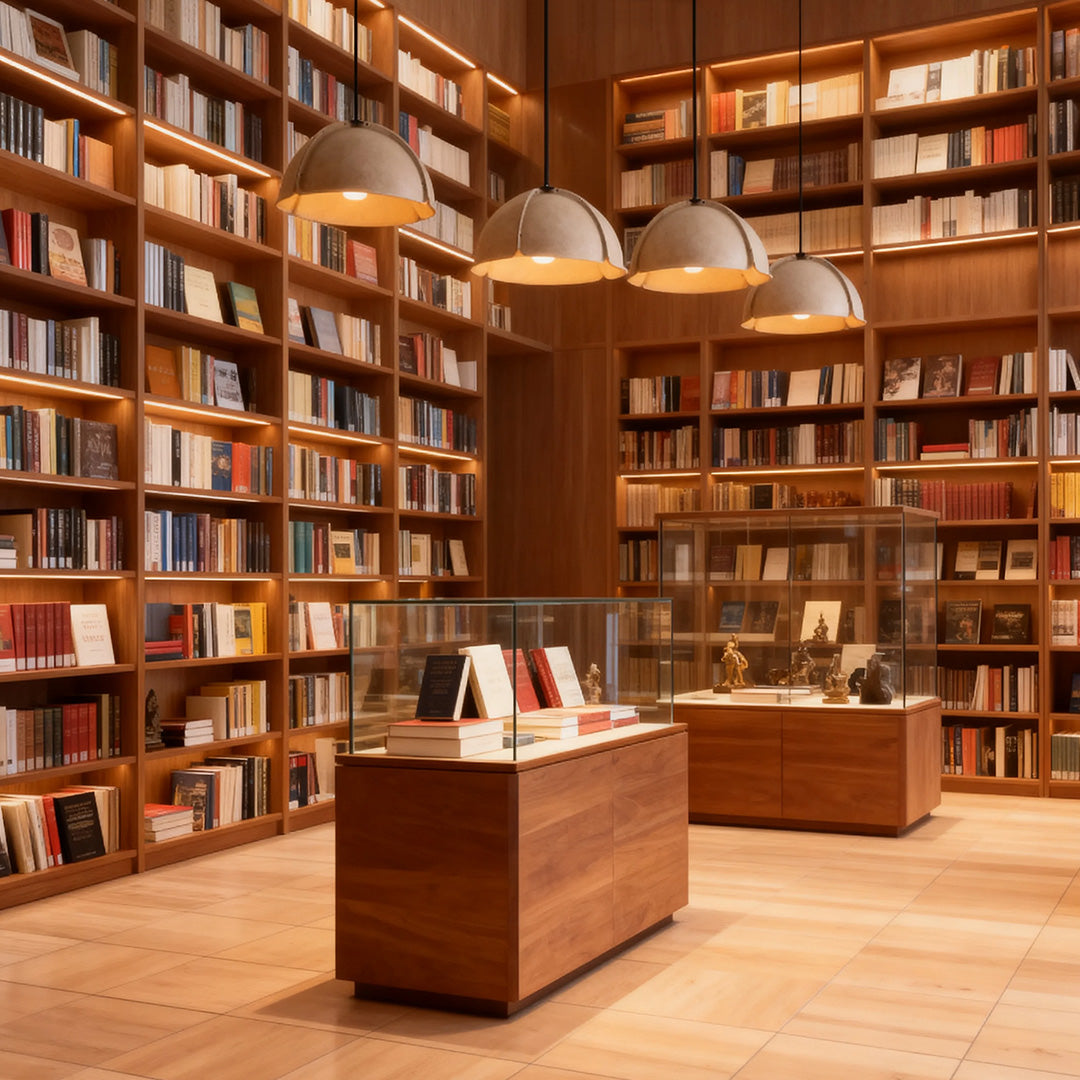 Group of large colored pendant light fixtures with gray shades suspended above the central display area of a library or bookstore.