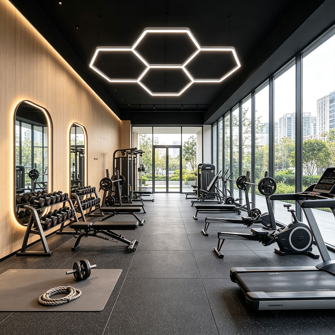 Modern fitness studio with bright hexagon honeycomb ceiling light system and sleek black ceiling design.