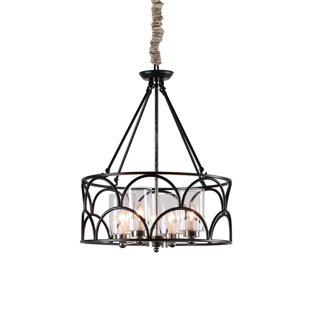 Close-up of the chandelier with black half-circle metalwork design and exposed candelabra-style bulbs.