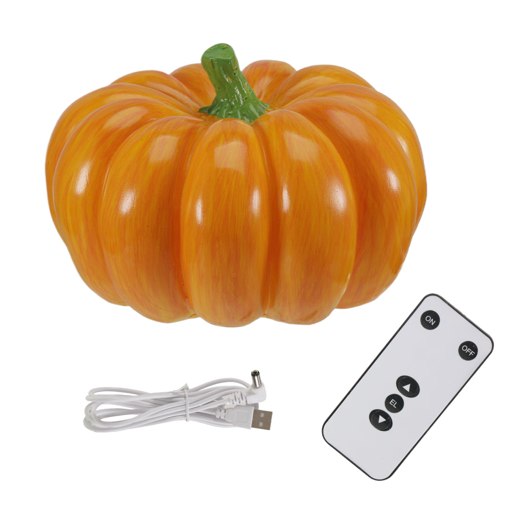 Complete halloween pumpkin light set including the pumpkin, a remote control, and a USB charging cable.
