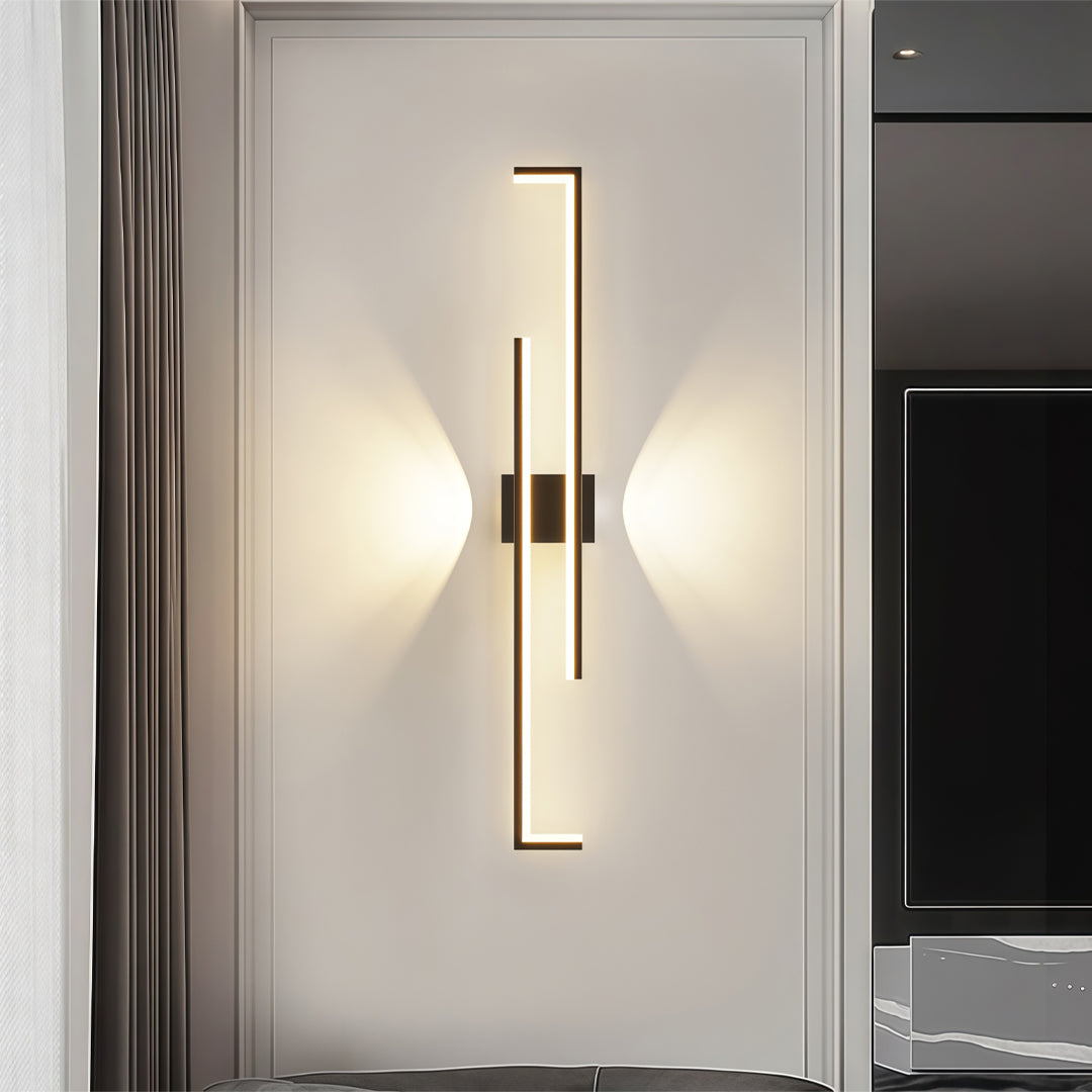 Wall art led lights installed in a hallway, casting symmetrical glow patterns.