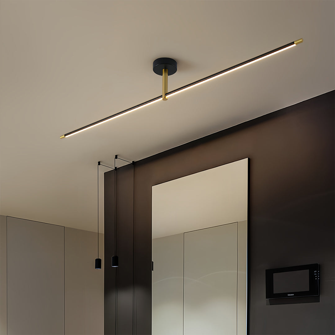 Elegant linear semi flush mount light installed in hallway providing continuous ambient illumination