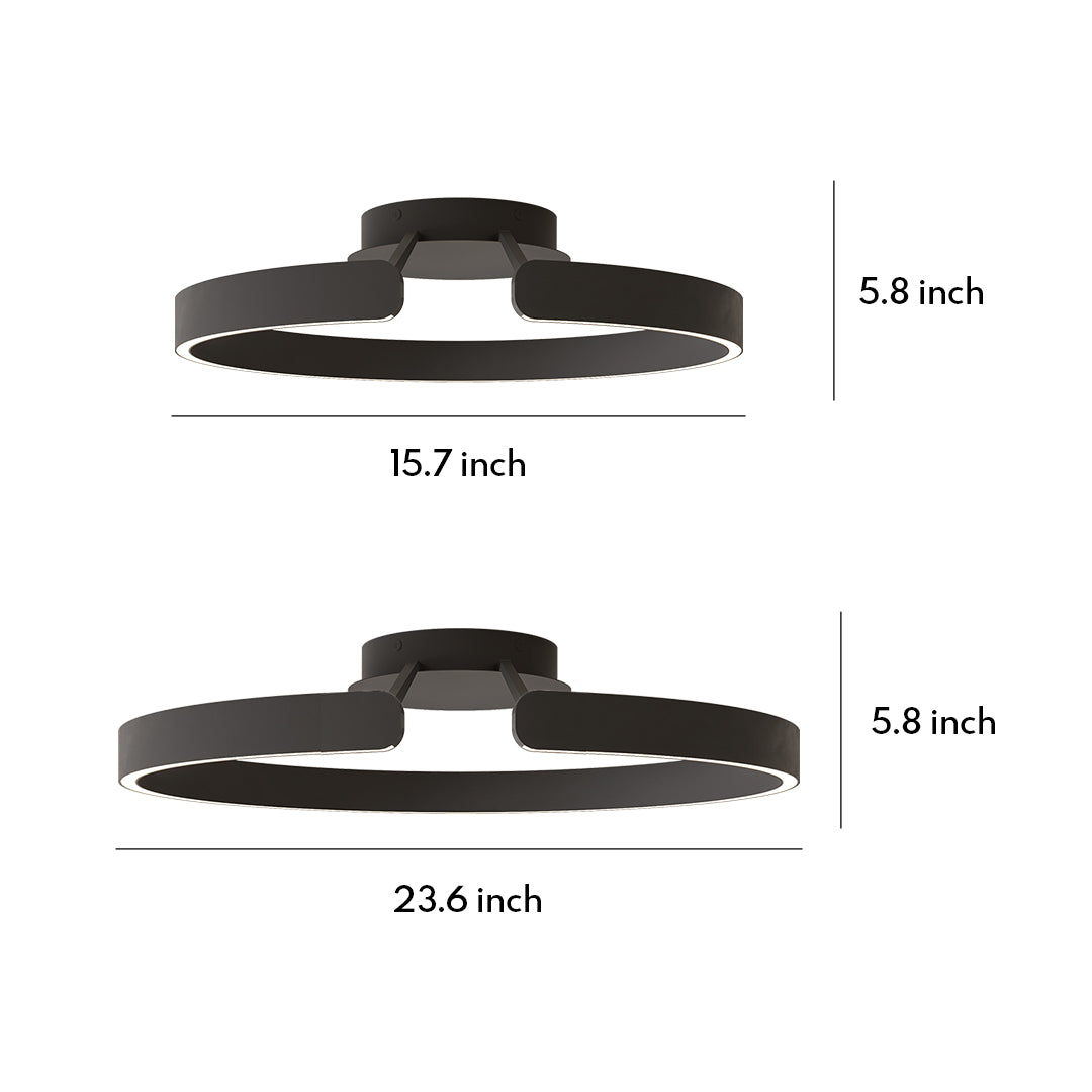 Halo flush mount ceiling light with glass shade chandelier inspired design showing multiple sizes in black finish with dimensions.