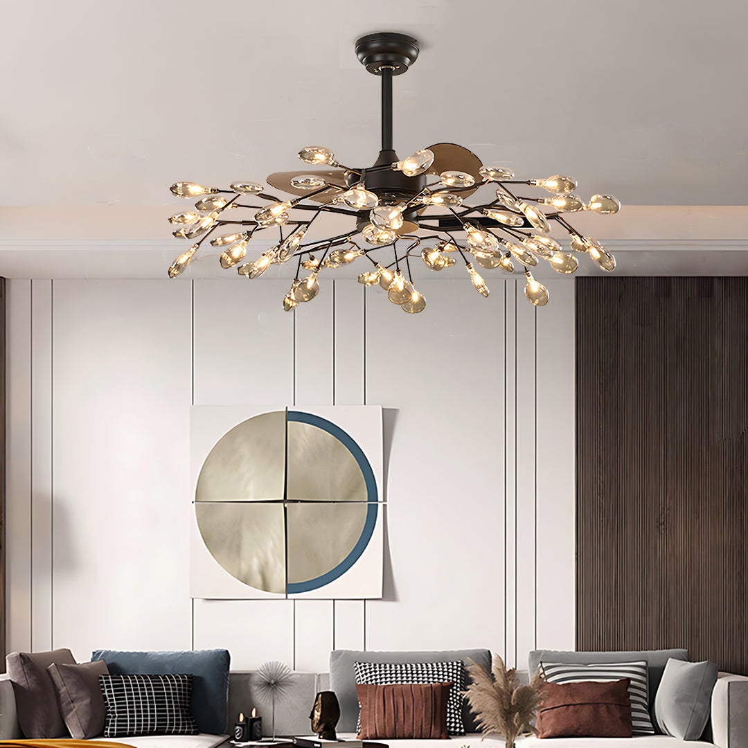 Glam ceiling fan with light in minimalist interior with decorative wall art and clean design aesthetic