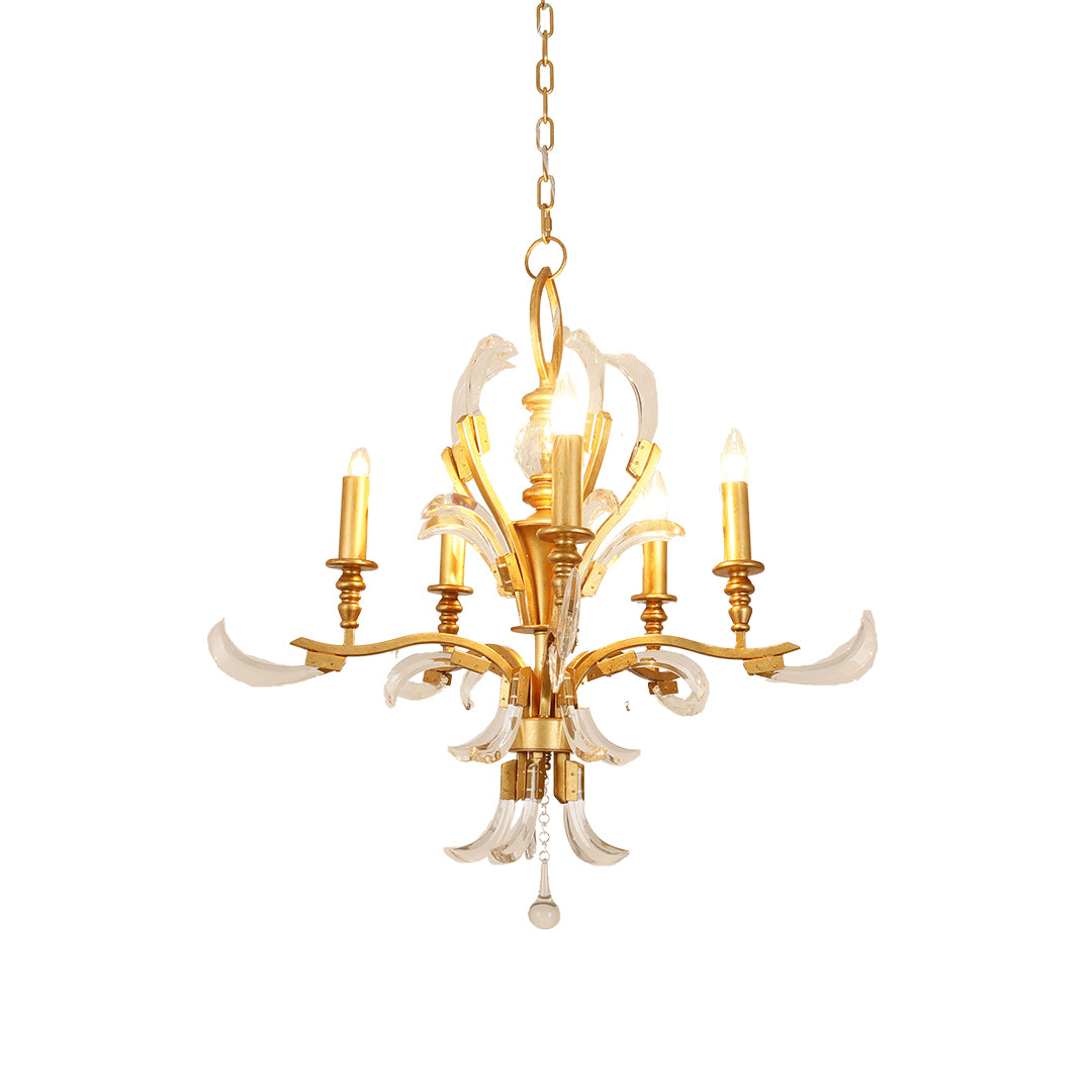 Close-up view of the handcrafted details on a six-light gold and crystal chandeliers with clear glass accents.