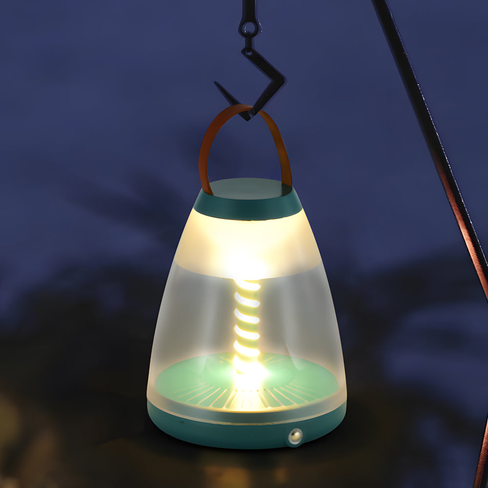 Battery powered outdoor table lamp hanging from camping setup showing versatile portable lighting for outdoor adventures and activities
