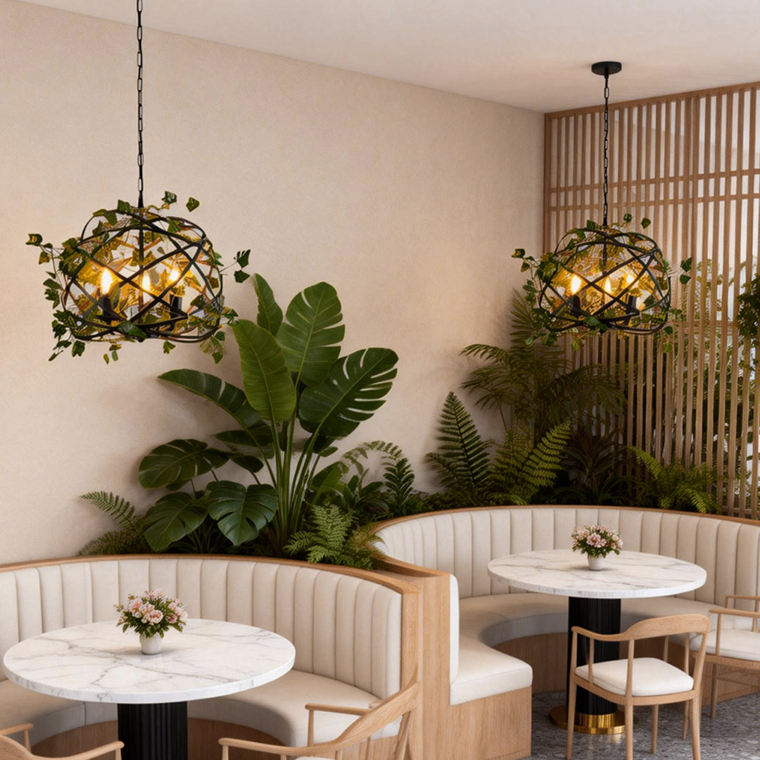 Hanging greenery with lights adding a natural touch to a rustic outdoor patio setting.