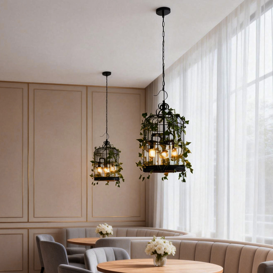 Hanging greenery with lights creating a cozy ambiance in a modern indoor dining area.