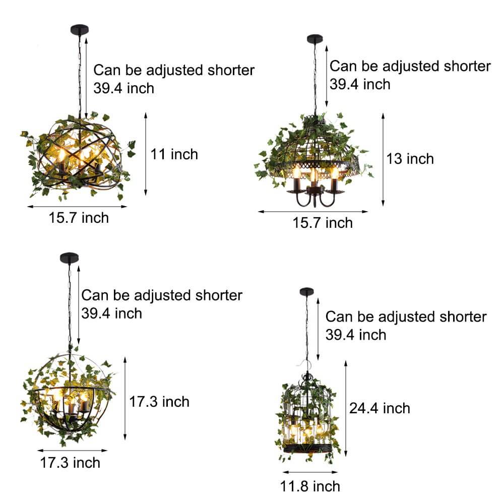 Line drawing of hanging greenery with lights dimensions, providing installation guidelines.