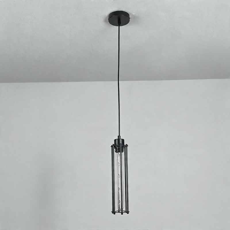 Unlit industrial style pendant light fixtures hanging from a white ceiling against a grey wall.