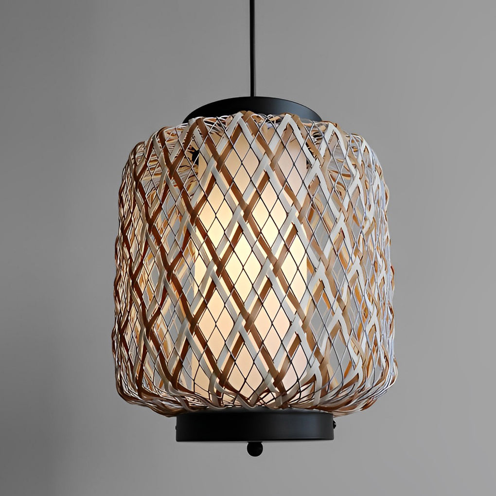 Hanging lantern lamp with black frame and woven design.