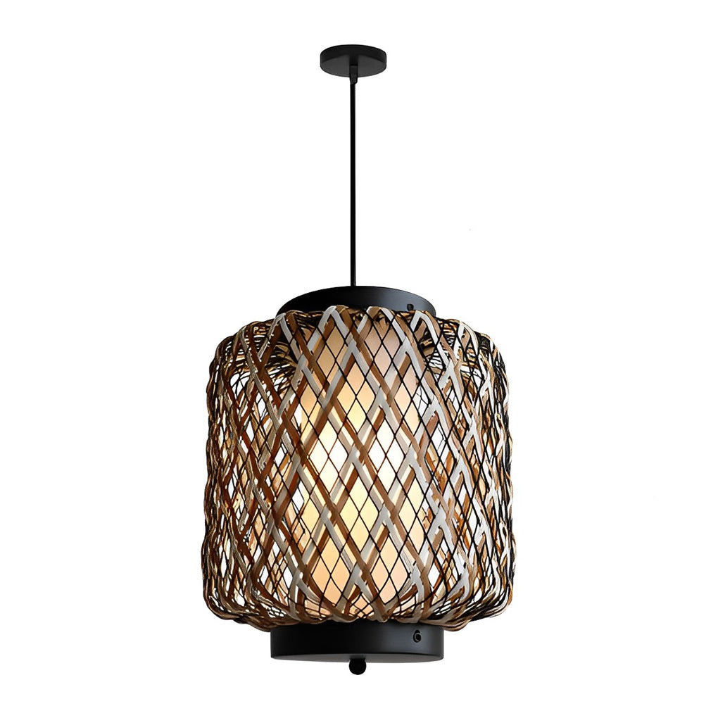 Hanging lantern lamp with woven design on white background.