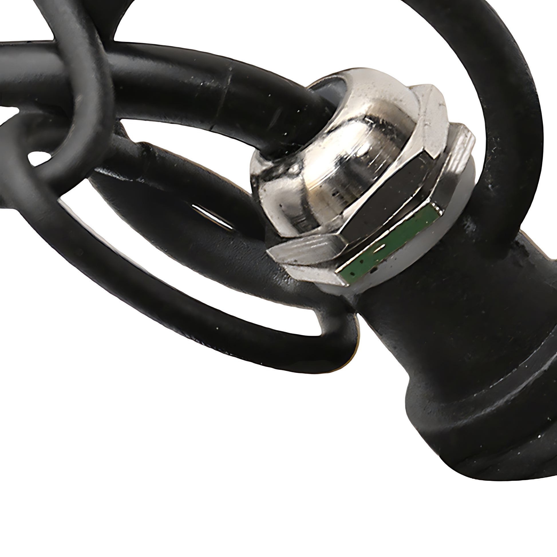 Close-up detail of black hanging lantern mounting hardware and chain suspension system