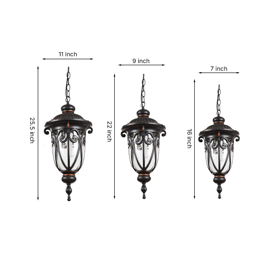 Technical dimension drawing showing three different sizes of hanging lantern specifications